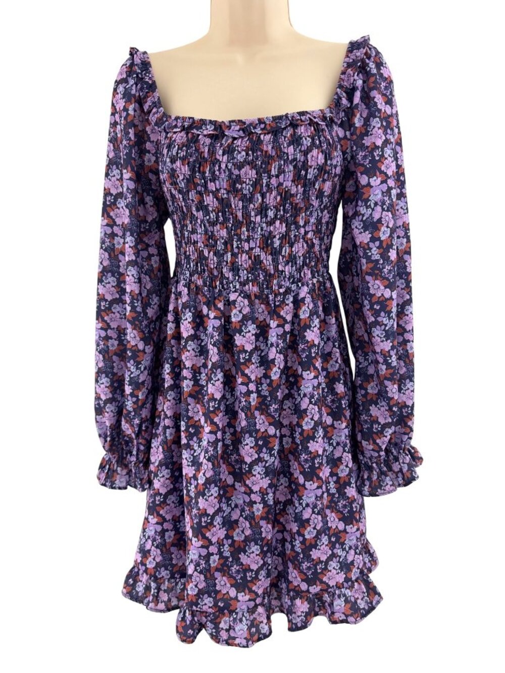 Dress Up‎ Purple Floral Square Neck Smocked Long Sleeve Ruffle Dress Size M New